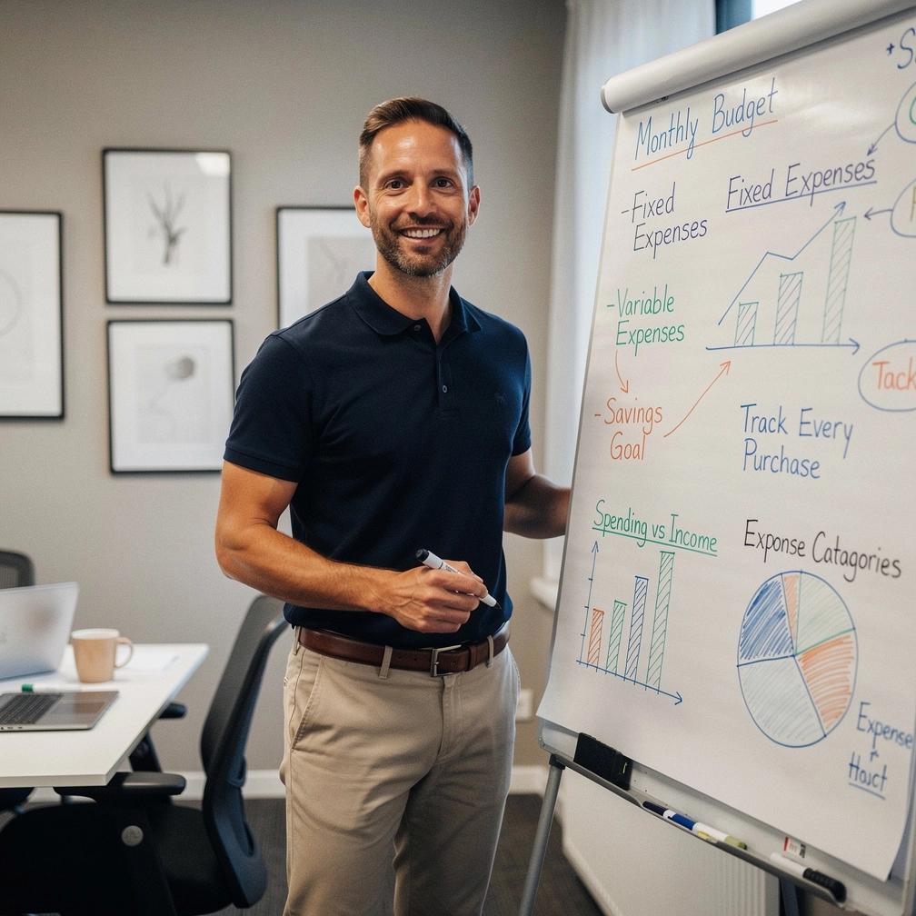 Személyes pénzügyi blog felület laptop képernyőjén, amely oktató anyagokat kínál a kiadások nyomon követéséhez.